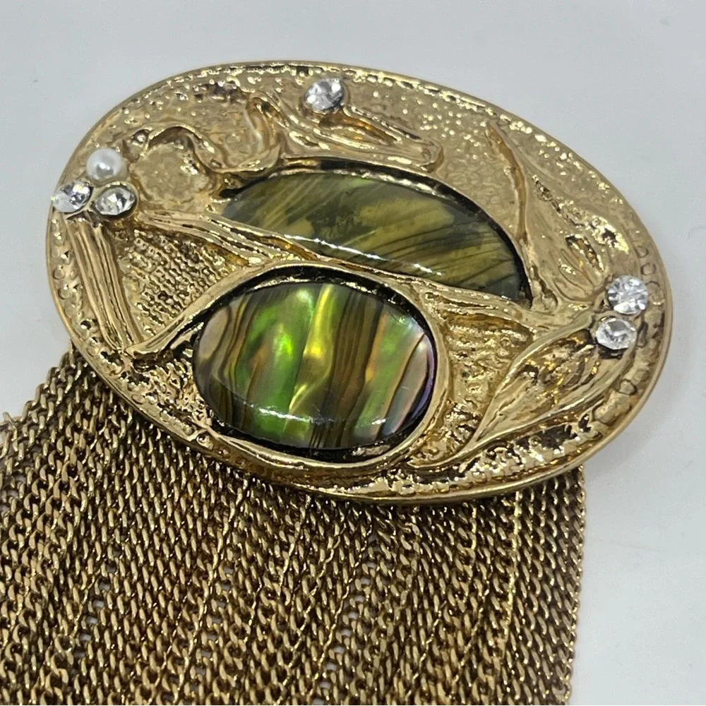 Art Deco Vintage Abalone and Brass Waterfall Jewelry Brooch w/ Gold Chain Fringe
